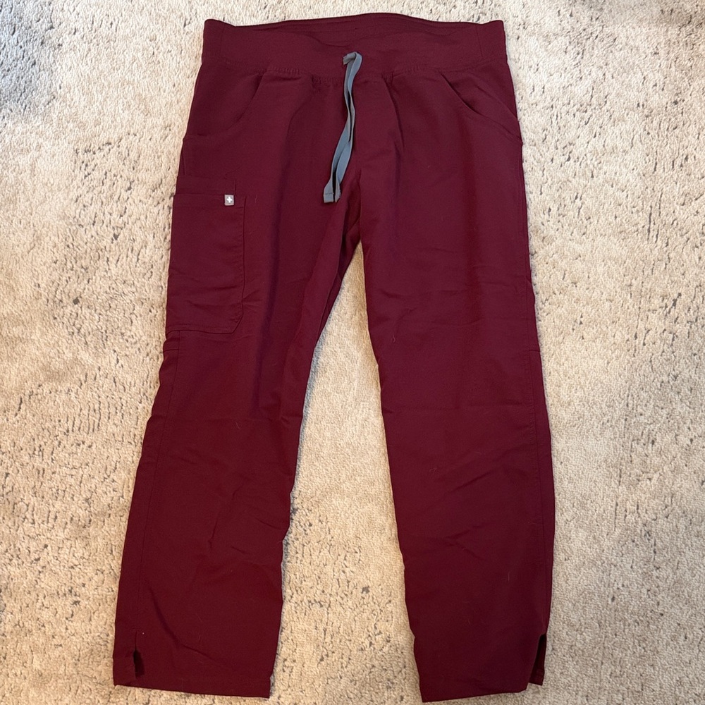 Figs Wide Leg Scrub Pants in Burgundy with Gray Drawstring
